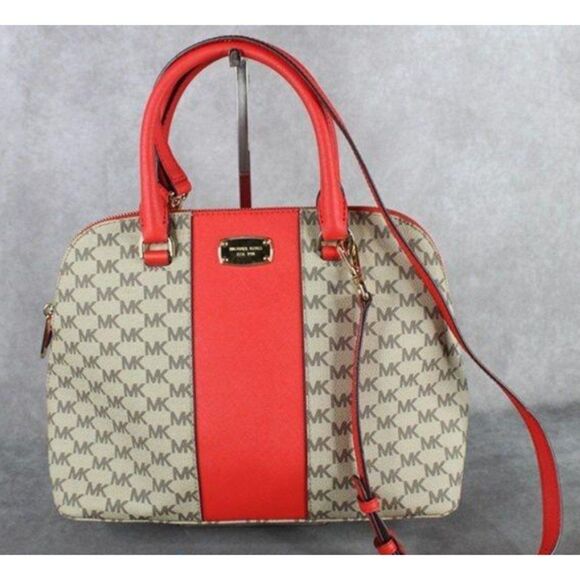 Michael Kors Khaki Monogrammed Coated Canvas/Red Leather Dome Satchel Crossbody - Picture 1 of 12